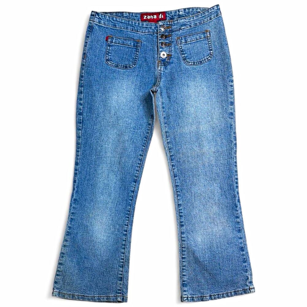 Vintage 90s Zana-Di Button Fly Cropped Flare Jeans Size 5 Medium Wash Y2K